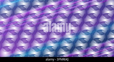Un motif répétitif de sphères métalliques avec des découpes en forme de S, présentant des traînées de lumière néon violette et bleue vibrantes à travers la composition. Banque D'Images