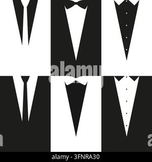 Ensemble d'icônes de nœud papillon smoking, tuiles de motif sans couture noir et blanc, silhouette de revers de costume formel, style gentleman marié de mariage, symbole élégant de mode masculine, éléments de conception de robe de soirée classique. Illustration de Vecteur