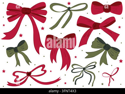 Ensemble de nœuds et rubans cadeaux festifs rouges et verts dans un style vectoriel plat. Illustration mignonne dessinée à la main, parfaite pour le design de Noël Illustration de Vecteur