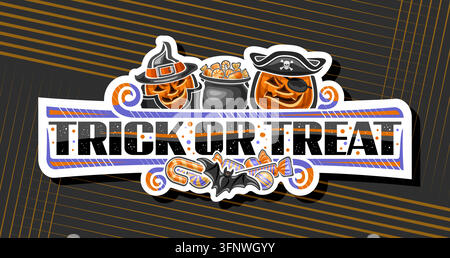 Bannière vectorielle pour Halloween, titre horizontal blanc avec des symboles d'Halloween - deux lanternes jack-o-lantern souriantes, panier de bonbons au design cartoon et Halloween Illustration de Vecteur