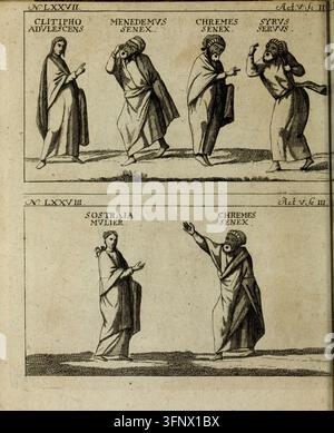 Gravure historique issue du traité de Christoph Heinrich Berger sur les masques de théâtre en 1723, représentant des personnages de la comédie romaine de Térence : Clitipho, Ménédème, Chrémès, Syros et Sostrate. Les personnages sont étiquetés en latin, y compris adolescent, vieil homme, serviteur et femme, et représentés dans des poses dramatiques des Actes V et des scènes II–III. Banque D'Images