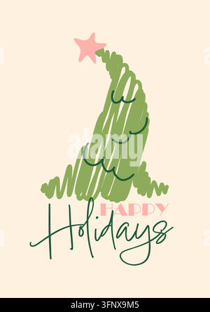 Carte courbée en forme d'arbre de Noël avec texte "Joyeuses Fêtes" pour un design minimaliste des fêtes d'hiver Illustration de Vecteur