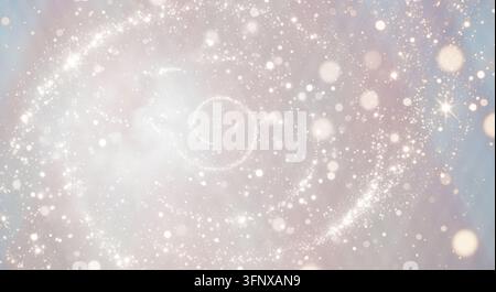 Arrière-plan doux et rêveur avec une spirale scintillante lumineuse et des lumières bokeh sur une texture de dégradé de couleurs douce. Banque D'Images