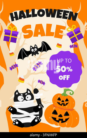 Bannière verticale de vente d'Halloween mignonne avec chat momie noir, citrouille jack-o'-lantern, chauve-souris, boîtes cadeaux, bonbons, badge de réduction de 50 pour cent et arbre effrayant Illustration de Vecteur