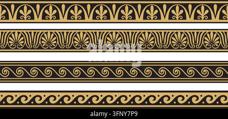 Ensemble d'ornements classiques grecs sans couture vectoriels. Motif pour une bordure et un cadre. Grèce antique et Empire romain. Doré infini avec méandre noir Illustration de Vecteur