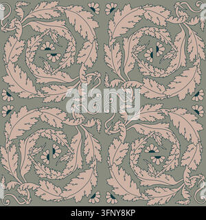 Motif damassé sans couture avec des feuilles d'acanthe classiques complexes et des vignes enroulées en rose pâle et vert sauge. Botanique vintage élégante et héritée Illustration de Vecteur