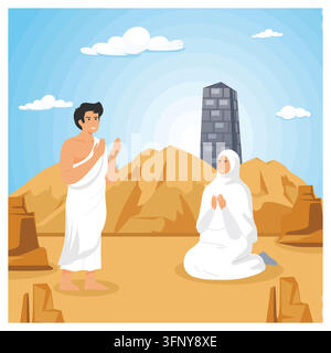 Pèlerins musulmans, un homme et une femme, en prière au mont Arafat. Atmosphère vibrante et spirituelle illustrant l'acte sacré islamique du pèlerinage Illustration de Vecteur