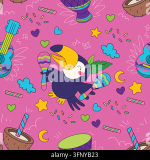 Motif sans couture illustration vectorielle de fête musicale des Toucans du carnaval brésilien rose. Des Toucans amusants secouant des maracas, des ukulélés, des tambours, des boissons à la noix de coco, vif Illustration de Vecteur