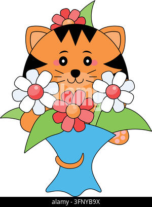 Chat tenant un bouquet de fleurs cadeau floral fête des mères illustration vectorielle isolée sur blanc. Mignon chat de dessin animé regardant derrière un grand bouquet de fleurs emballé dans du bleu Illustration de Vecteur
