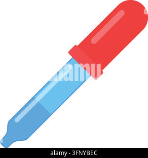 Icône de pipette médicale goutteur liquide science illustration vectorielle isolée blanc. Goutteur en verre de laboratoire chimique bouchon en caoutchouc rouge liquide bleu à l'intérieur est Illustration de Vecteur