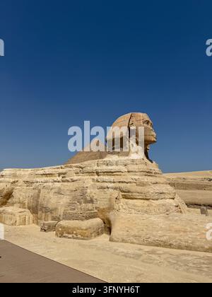 Grande Sphinx de Gizeh avec fond de pyramide sur le plateau de Gizeh en Égypte Banque D'Images