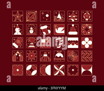 Ensemble d'icônes créatives modernes de Noël art déco dans un style de trait plat sur fond rouge. Illustration de Vecteur