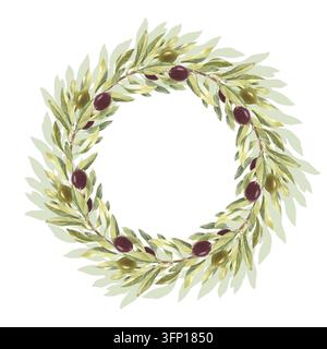 Illustration aquarellée dessinée à la main d'une couronne de branches d'olivier. Modèle pour une carte de vœux ou un design de mariage. Banque D'Images