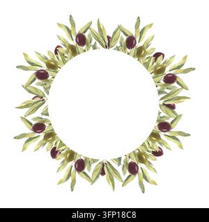 Une carte postale aquarellée mettant en scène des branches d'olivier avec des olives vertes et noires. L'illustration dessinée à la main est adaptée pour la conception d'emballages et pres Banque D'Images