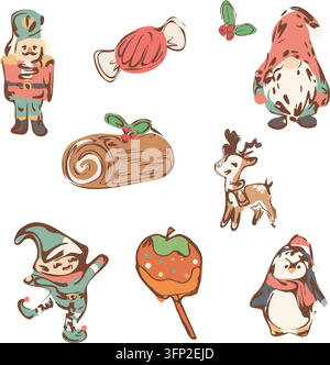 Ensemble de personnages et friandises de Noël dessinés à la main Illustration de Vecteur