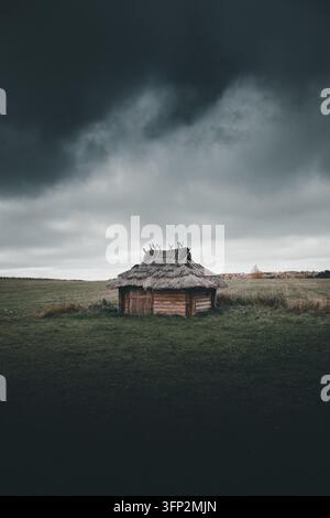 Vue de la cabane rustique Vale-Vargamae avec un toit de chaume traditionnel, située dans un vaste champ ouvert sous un ciel orageux sombre et dramatique à Vastse-Roosa, Vorse Banque D'Images