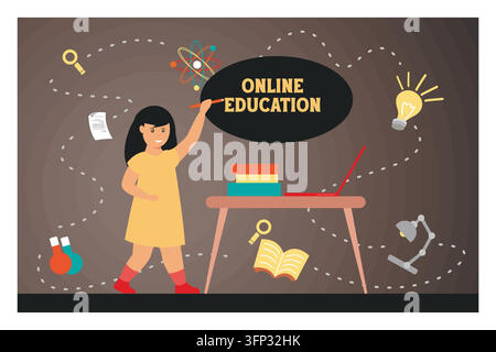 Apprentissage en ligne avec une fille, un ordinateur portable, des livres et des symboles liés à l'éducation, mettant l'accent sur les méthodes d'enseignement modernes et les approches d'e-learning. Vecteur plat Illustration de Vecteur