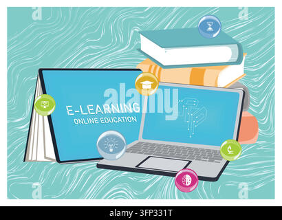 E-learning utilisant des plateformes en ligne, avec des livres, des appareils numériques et des symboles éducatifs représentant les techniques modernes d'apprentissage et d'acquisition de connaissances Illustration de Vecteur