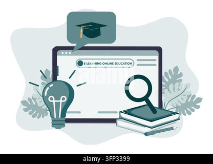 Éléments d'apprentissage en ligne avec une toque de diplôme, une loupe et une ampoule, symbolisant l'éducation, l'innovation et l'exploration à l'aide du numérique Illustration de Vecteur