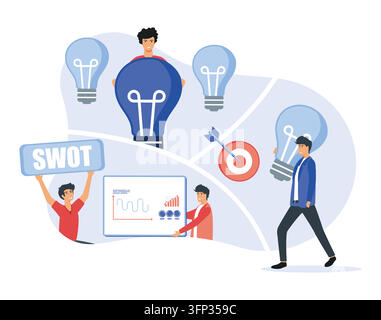Travail d'équipe et innovation, mettant en avant l'analyse SWOT, les stratégies commerciales et les idées créatives représentées par des ampoules et des graphiques. Vecteur plat moderne i Illustration de Vecteur