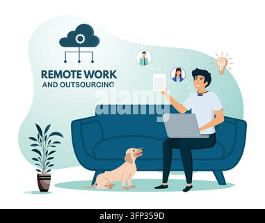 Travail à distance et externalisation mettant en scène un jeune professionnel travaillant sur un ordinateur portable, accompagné d'un chien, symbolisant l'équilibre entre vie professionnelle et vie privée et les modes de travail modernes Illustration de Vecteur