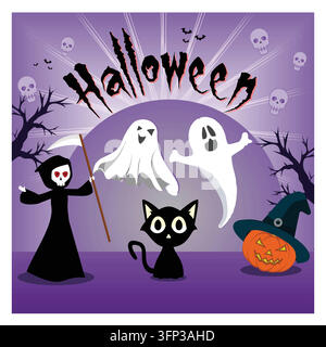 Halloween étrange et fantaisiste mettant en scène des fantômes, un chat noir, une lanterne jack-o et un faucheur, sur un fond violet avec des arbres squelettiques Illustration de Vecteur