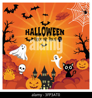 Thème Halloween mettant en scène des fantômes, des chauves-souris, des citrouilles et une maison hantée, parfait pour les célébrations, les invitations et les décorations saisonnières. Vecteur plat m Illustration de Vecteur