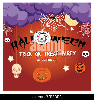 Affiche sur le thème d'Halloween mettant en vedette des citrouilles, des toiles d'araignée et une atmosphère effrayante. Parfait pour les célébrations de vacances. Illustration moderne vectorielle plate Illustration de Vecteur
