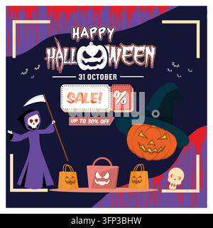Une publicité sur le thème d'Halloween avec des détails sur les promotions, mettant en scène des personnages effrayants, des citrouilles et des décorations, met en avant des réductions allant jusqu'à trente pour cent pour octob Illustration de Vecteur