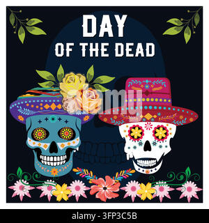 Représentation du Dia de los Muertos avec des crânes en sucre vibrants, des ornements floraux et des éléments culturels. Illustration moderne vectorielle plate Illustration de Vecteur