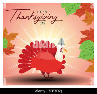 Célébration de Thanksgiving, mettant en scène une dinde aux teintes automnales entourée de feuilles vives et colorées, évoquant une atmosphère festive et joyeuse des fêtes Illustration de Vecteur