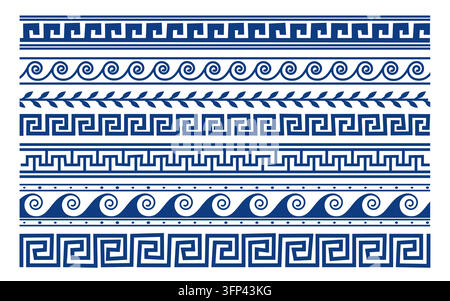 Motifs de bordure bleus grecs élégants avec cadres ornementaux anciens. Méandres, vagues et motifs floraux décoratifs vectoriels pour des projets de design ethniques et un design traditionnel grec. Ensemble sans couture isolé. Illustration de Vecteur