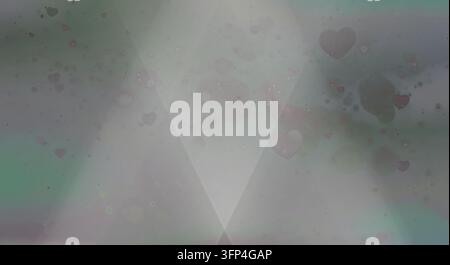 Fond gris abstrait mettant en avant des faisceaux de lumière douce et des motifs de cœurs discrets dispersés pour des thèmes romantiques. Banque D'Images