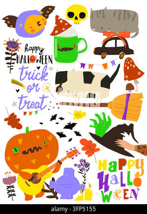 Ensemble de dessins animés mignons avec des chats drôles, des citrouilles et des éléments d'Halloween Illustration de Vecteur