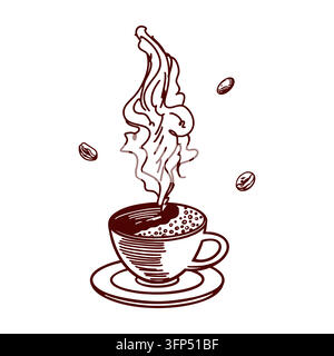 Tasse de café aromatique et grains torréfiés. Illustration vectorielle dessinée à la main dans un style de ligne avec ombrage détaillé. Convient pour menu, étiquette et Illustration de Vecteur