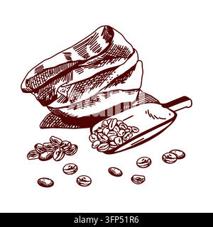 Sac en toile de jute avec des grains de café torréfiés et une cuillère. Illustration vectorielle dessinée à la main en style linéaire avec ombrage détaillé. Pour étiquette, bannière et Illustration de Vecteur