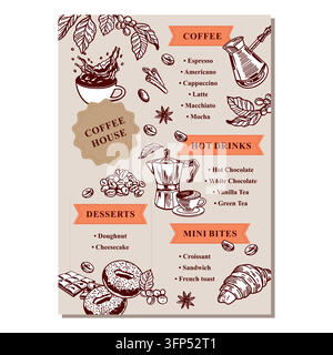 Menu de café mettant en vedette une tasse éclaboussée, des brins de plantes, une théière, des desserts et des grains rôtis. Illustration vectorielle dessinée à la main dans un style de trait avec des détails Illustration de Vecteur