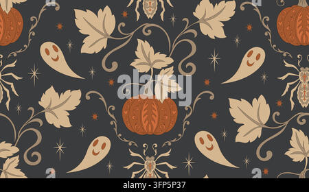Motif citrouille et fantôme d’Halloween sur fond anthracite sombre. Ornement vintage sans joint avec araignées, vignes ondulantes et étoiles. Illustration vectorielle décorative Illustration de Vecteur