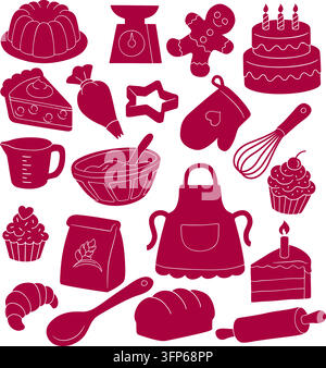 Ensemble d'icônes de pâtisserie comprenant des gâteaux, des cupcakes, du pain, une tarte, du pain d'épices, un fouet, un tablier, une balance, un bol, une manique, un rouleau à pâtisserie, une jauge de mesure et des outils de pâtisserie Illustration de Vecteur