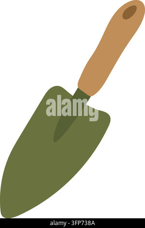 Petite pelle de jardin à main avec manche vert et lame métallique, illustrée dans un style simple dessiné à la main. Outil essentiel pour planter des semis, creuser Illustration de Vecteur