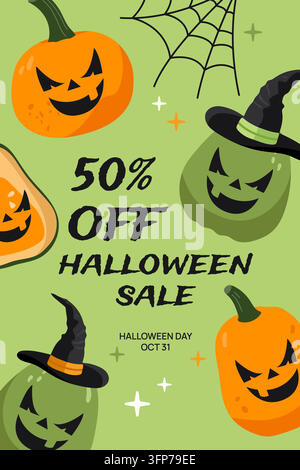 Offre Halloween 50 pour cent de réduction modèle de bannière verte avec citrouilles Jack-o'-lanterne chapeau de sorcière vecteur plat Illustration de Vecteur