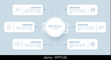 Éléments infographiques et six blocs de texte avec icônes, reliés par des lignes pour la mise en page du flux de travail. Illustration de Vecteur