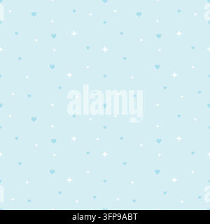 Motif doux sans couture mettant en vedette des cœurs cyan et des étoiles blanches scintillantes sur un fond cyan clair. Design pastel épuré pour papier cadeau, papier peint, f Illustration de Vecteur