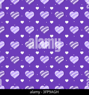 Cœurs rayés mignons violet et lavande avec de petits cœurs blancs et des points sur un fond violet riche. Motif romantique ludique pour papier peint, emballage Illustration de Vecteur