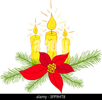 Vecteur de bougies de Noël brûlantes avec fleur de poinsettia et branches de sapin, isolées sur fond blanc Illustration de Vecteur