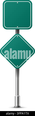 Panneau de signalisation routier réaliste carré et rhombique vert sur poteau en acier isolé. Faux panneau routier vert - direction autoroute, panneau de circulation, routes de rue Illustration de Vecteur