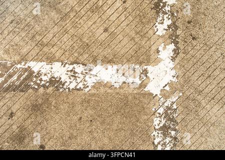 Vue de dessus d'une surface de route en béton rainurée avec une texture de lignes diagonales et des vestiges de marquages routiers blancs écaillés. Abstrait industriel Banque D'Images