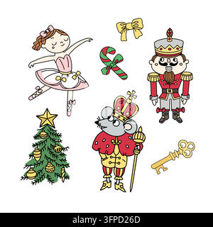 Illustration vectorielle d'un ensemble de conte de fées casse-noisette de Noël. Esthétique de conte magique de fêtes festives en style de dessin animé. Invitations à une fête théâtrale hivernale pour enfants Illustration de Vecteur
