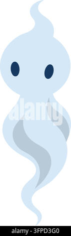 Illustration plate d'un esprit bleu vertical élancé avec deux yeux sombres et des courbes fluides superposées formant une queue vaporeuse Illustration de Vecteur