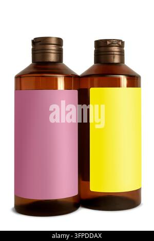 Deux bouteilles de gel douche vides isolées sur fond blanc Banque D'Images